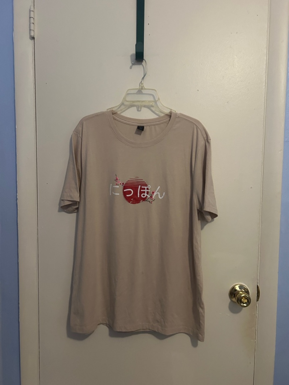 Romwe L Beige Japanese Lettering Car Mountain Short Sleeve Shirt